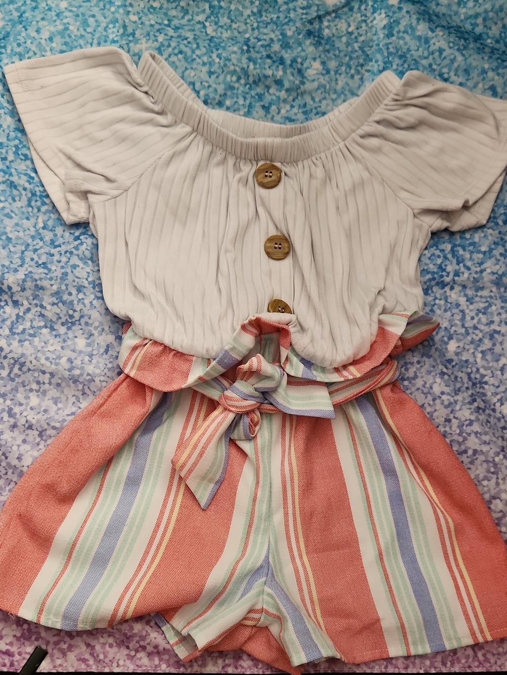 Girls' Pink Striped Paperbag Waist Shorts Romper with Cream Top